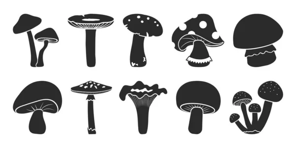 Cartoon Vector Mushrooms Clipart Set Icone Doodle Silhouette Nere Isolate — Vettoriale Stock