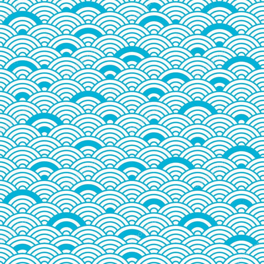 Chinese seamless pattern, vector blue waves background, sea texture. Asian illustration