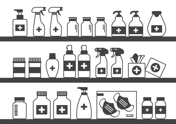 Аптечные Векторные Полки Витрина Аптеки Черные Бутылки Коробки Таблетки Контейнеры — стоковый вектор
