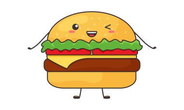 Komik burger kawaii, çizgi film vektör hamburgeri, beyaz arka planda izole edilmiş sevimli karakter. Yemek illüstrasyonu
