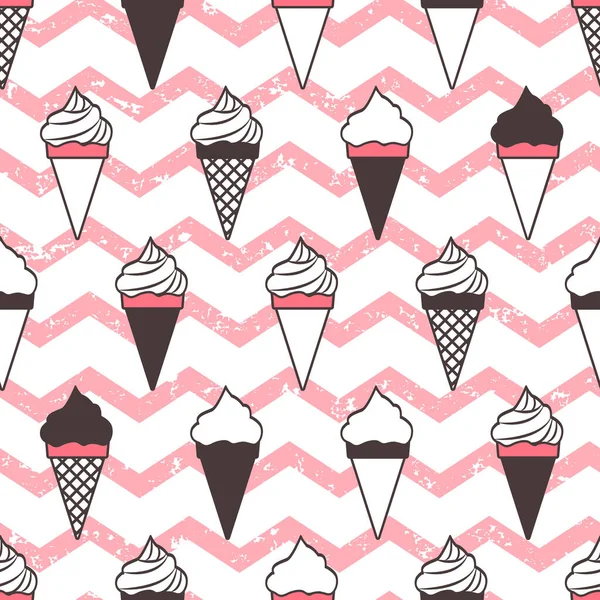 Ice Cream Cones Vector Seamless Pattern Pink Wave Grunge Background — Stock Vector