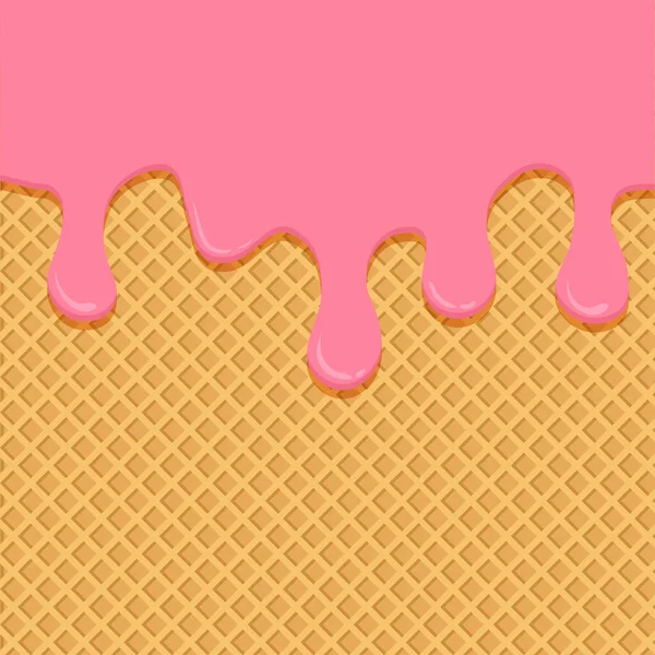 冰淇淋融化的病媒背景 华夫饼锥形纹理 粉红草莓液在晶片图案 甜饼干甜点 卡通画 — 图库矢量图片