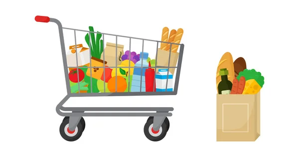 Vektorset Für Den Lebensmittelkauf Einkaufswagen Papierpaket Mit Lebensmitteln Lebensmittel Und — Stockvektor