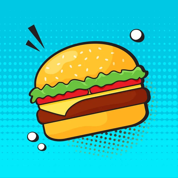 漫画バーガーベクトルアイコン 青の背景に漫画レトロハンバーガー ポップアートスタイルのアメリカのファーストフードポスター 面白いイラスト — ストックベクタ