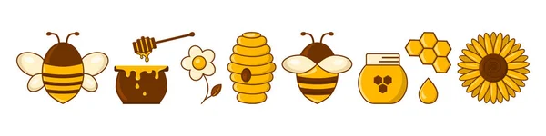 Honing Vector Ingesteld Bijen Kruik Honingraat Bloem Bijenkorf Pot Druppel — Stockvector