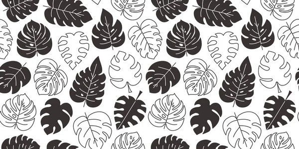 Leaves Monstera Palm Vector Seamless Pattern Jungle Background Black Tropic — Stock Vector