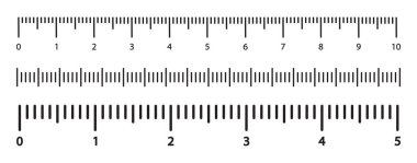 Vektör ölçeği, beyaz arkaplanda izole edilmiş cetvel için işaretleme. Farklı ölçü birimlerine sahip yatay cetveller. Basit illüstrasyon.