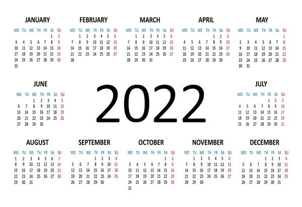 2022 Jaar Vectorkalender Week Begint Maandag Template Uittreksel — Stockvector