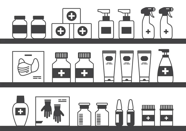 Farmácia Prateleira Vetor Medicina Farmácia Vitrine Garrafas Pretas Caixas Desenhos — Vetor de Stock