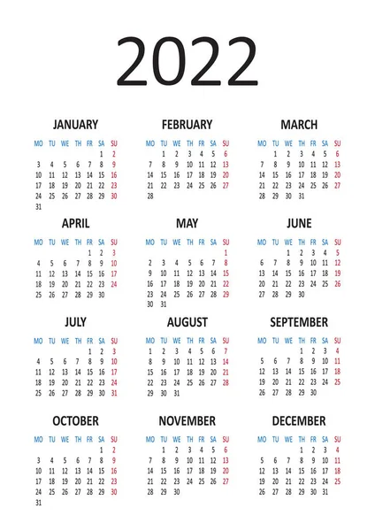 Calendario Anual 2022 Semana Comienza Lunes Ilustración Vectorial — Vector de stock