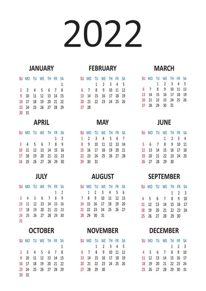 Американський Календар 2022 Рік Тиждень Починається Неділі Приклад Вектора — стоковий вектор