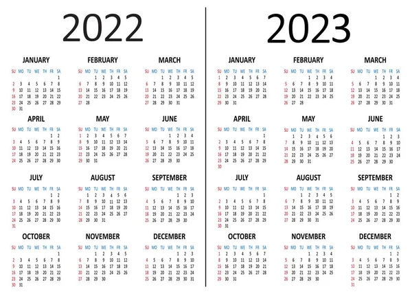 Amerikan Takvimi 2022 2023 Hafta Pazar Günü Başlıyor Vektör Illüstrasyonu — Stok Vektör