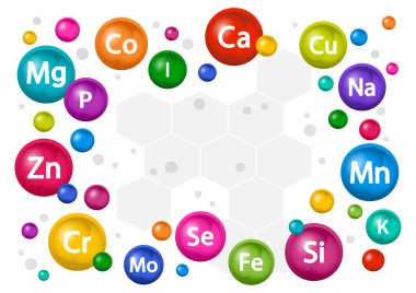 Mineral takviye seti. Sağlık için multivitamin kompleksi. Vitamin ikonları. Kalsiyum magnezyum çinko iyot Manganez Kobalet Bakır Potasyum Molybdenit Krom Selenyum. Vektör illüstrasyonu