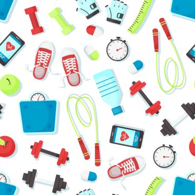 Spor vektörsüz şablon, fitness malzemeleri, spor aletleri. Üst Manzara. Diyet ve sağlıklı yaşam tarzı. Çizgi film illüstrasyonu