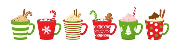 Copos Natal Com Bebidas Vector Chocolate Quente Ícone Caneca Férias — Vetor de Stock