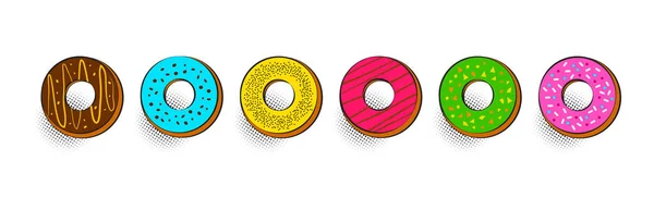 Comic Donuts Vector Icoon Cartoon Donut Set Geïsoleerd Witte Achtergrond — Stockvector