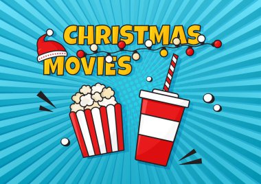 Noel filmleri, komik vektör çizgili arka plan. Patlamış mısır ve gazozlu sinema posteri. Tatil filmi gecesi. Noel Baba şapkası. Kış illüstrasyonu