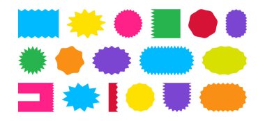 Shape sticker icon, star burst label. Round bubble price tag badge. Retro discount stamp, color empty best sale coupon. Circle, rectangle, oval set isolated on white bg. Simple vector illustration