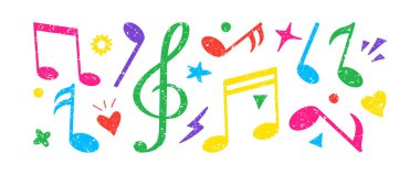Music note crayon, shape paint brush hand drawn, melody color chalk pencil, sound kid doodle grunge texture. Pastel art scribble set. Childish colorful stroke isolated on white bg. Vector illustration