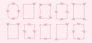 Whimsical frame with bow, vintage coquette border, bachelorette line doodle hand draw. Pink menu frame. Christmas, wedding decorative icon. Cute invite set editable stroke. Trendy vector illustration