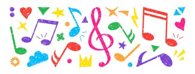 Müzik pastel boya seti, şekilli fırça el çizimi, melodi rengi tebeşir kalemi, sesçi çocuk karalama grunge dokusu. Pastel karalama seti. Beyaz bg 'de izole edilmiş çocuksu renkli bir felç. Vektör illüstrasyonu