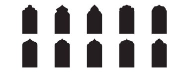 İslami çerçeve kapısı, Arap kapı deseni, Fas şekli ikonu. Klasik mimari penceresi, Ramazan kemeri. Eski Hindistan sınırı. Beyaz bg üzerine kurulmuş etnik süsleme elementi. Vektör illüstrasyonu