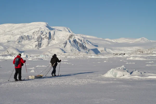 Investigadores que van a esquiar en el invierno Antártico —  Fotos de Stock