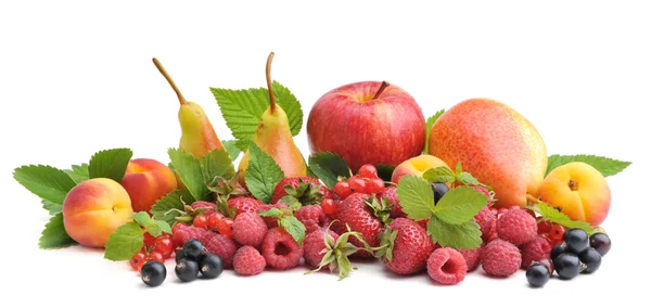 Différentes sortes de fruits et de baies : fraises, framboises, groseilles, poires, pommes et abricots . — Photo