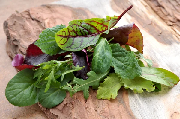 Different mix of fresh spinach leaves, feldsalat, chard, arugula and lettuce on wooden tray. — Stock Photo, Image