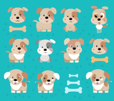 Mutlu köpek çizgi film. Köpekler vektör set simgeler ve resimler