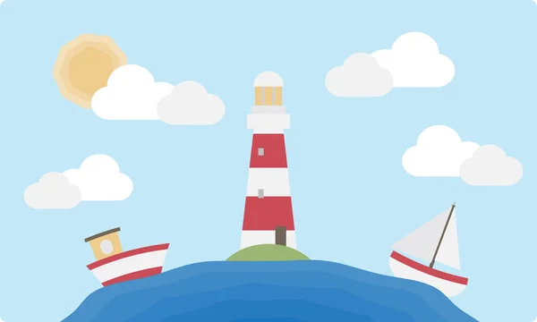 Düz deniz feneri ve tekneler — Stok Vektör