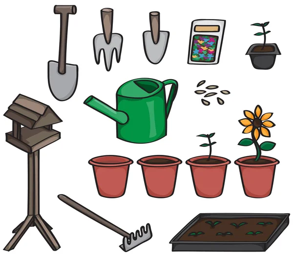 Conjunto de herramientas de jardinería de dibujos animados — Vector de stock
