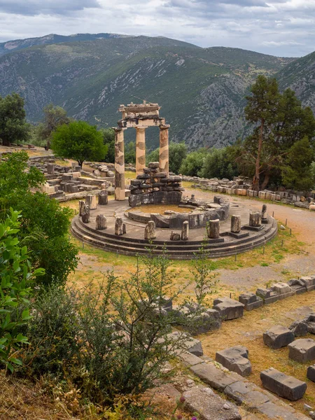Panoramatický Pohled Chrám Athena Pronaia Mezi Horami Delphi Řecko Proti — Stock fotografie