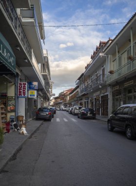 Delphi, Greece. May 2021: streets of the tourist mountain town of Delphi in Greece