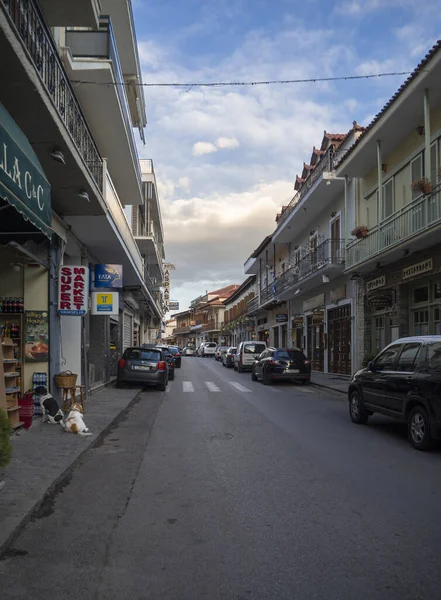 Delphi, Greece. May 2021: streets of the tourist mountain town of Delphi in Greece