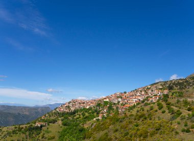 Panoramic view of the resort town of Arachova in the Parnassus mountains in Greece on a sunny day