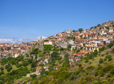 Panoramic view of the resort town of Arachova in the Parnassus mountains in Greece on a sunny day