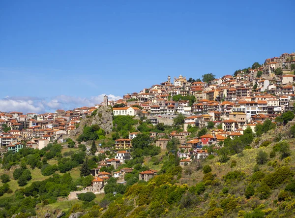 Panoramic view of the resort town of Arachova in the Parnassus mountains in Greece on a sunny day