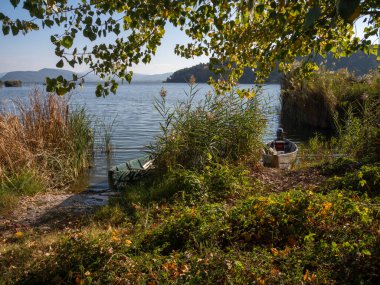 Yunanistan 'ın Ioannina kentindeki Pamvotida Gölü üzerindeki sazlıklarda eski ahşap balıkçı tekneleri