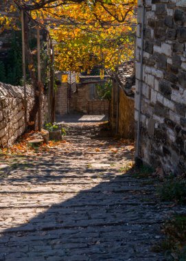 Yunanistan 'daki Epirus Dağı' ndaki Mikro Papigko dağ köyünün dar taş sokakları