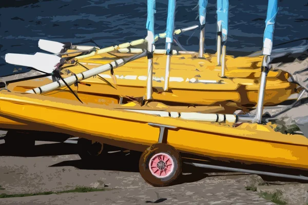 Une ligne de voiliers jaunes sur la plage en attente d'être navigué — Photo