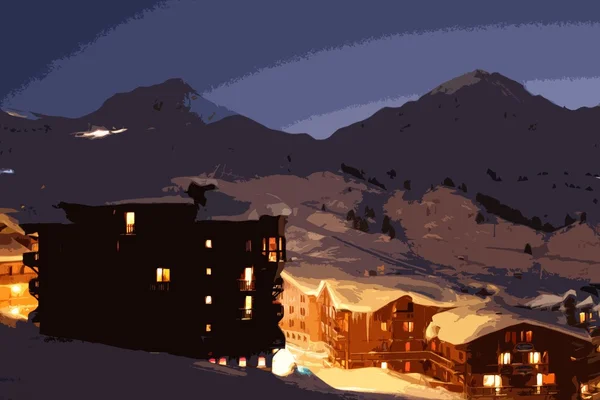 La Plagne pueblo alpino por la noche — Foto de Stock