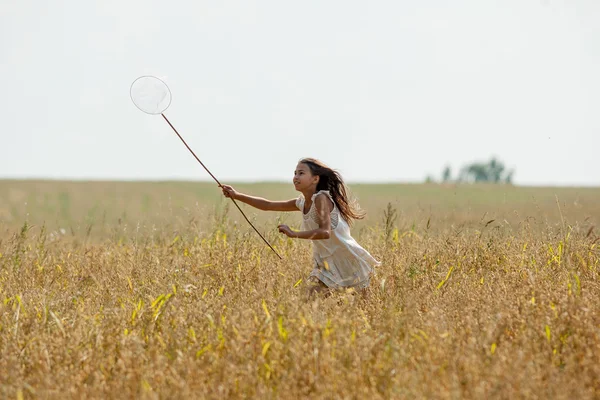 蝴蝶的网和一条白色连衣裙的女孩 — 图库照片