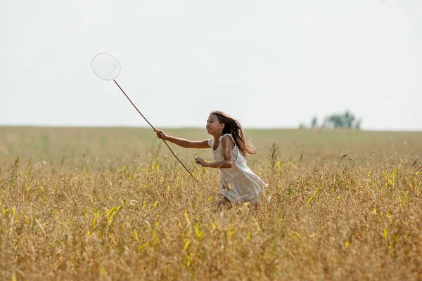 Girl with butterfly net and a white dress — Stock Photo, Image