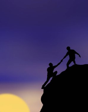 Yürüyüşçüler kayalara tırmanıyor, yardım ediyor ve tırmanıyor.