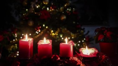 Noel 4 mumları kırmızı, çiçekler arkaplanda yanan ağaçlar