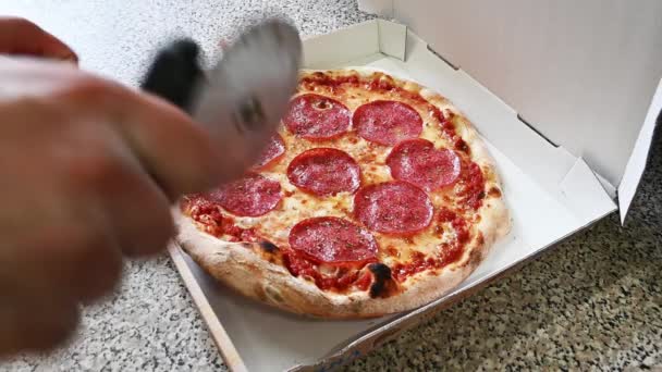 Pizza Salami Skära Kartong Pizza Box Italien Mat — Stockvideo
