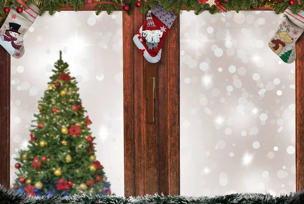 クリスマスの窓雪の装飾 — ストック写真