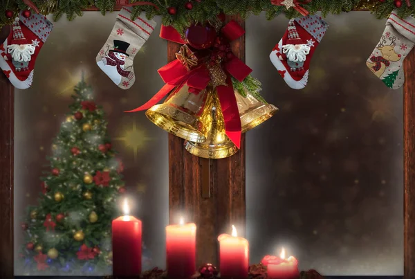 Navidad Campanas Doradas Fondo Nieve Blanca Para Tarjeta Felicitación — Foto de Stock