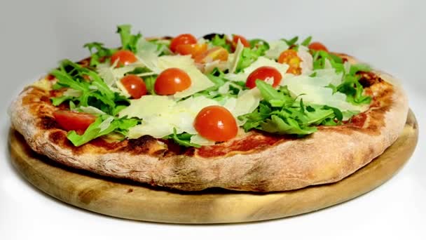 Pizza Aux Tomates Rucola Jambon Cru Italie Rotation Des Aliments — Video